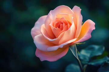 A delicate peach rose, petals softly illuminated, stands out against a dark green background.