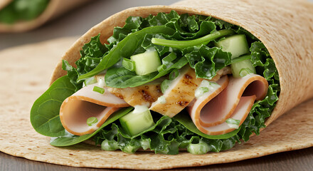 Delicious And Healthy Turkey Wrap With Fresh Vegetables And Tasty Sauce