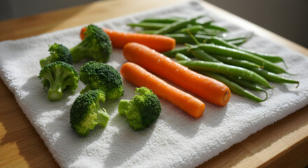 Fresh Vegetables On Clean White Cloth Ready For Food Preparation