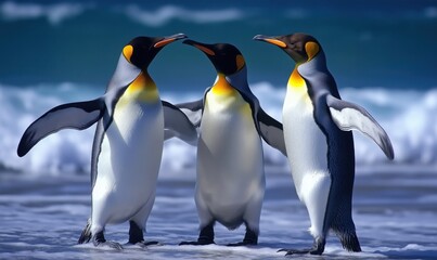 Fototapeta premium Three King Penguins Interacting on Beach with Ocean Waves in Background