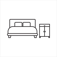 Bedroom icon, White bed and sideboards, sideboards. Banner for advertising home comfort, hotels, housing, and recreation. Vector on white background.