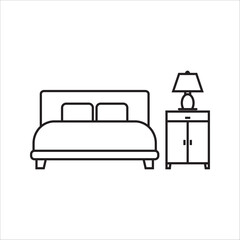 Bedroom icon, White bed and sideboards, sideboards. Banner for advertising home comfort, hotels, housing, and recreation. Vector on white background.