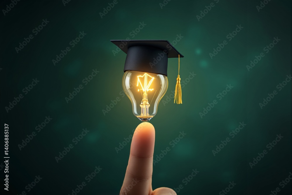 Poster light bulb with graduation cap balanced on fingertip symbolizing knowledge and education on dark gre