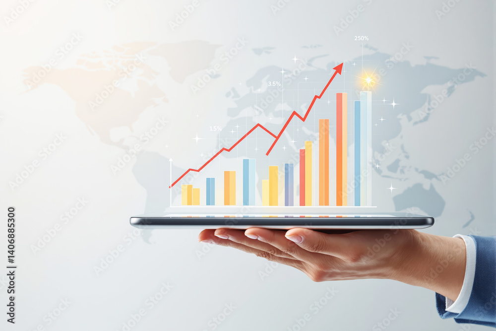 Poster business growth concept with a digital tablet displaying financial bar charts and rising graph.