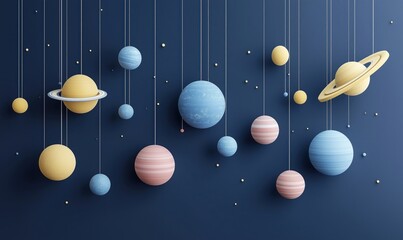 Colorful 3D Model of Solar System Planets Hanging on Blue Background