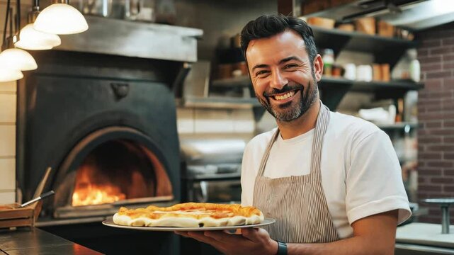 Attractive Italian pizzaiolo smiling welcomingly preparing pizza in pizzeria