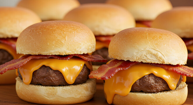 Savory Stack of Juicy Cheeseburgers Topped with Crispy Smoked Bacon
