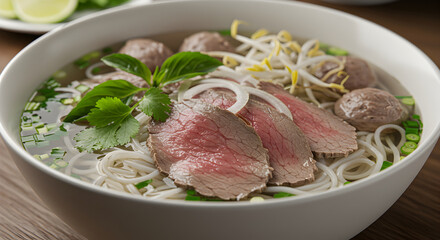 Aromatic Beef Pho with Fresh Herbs and Noodles in White Bowl