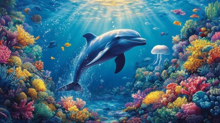 Fototapeta premium Dolphin in Vibrant Coral Reef Underwater Scene