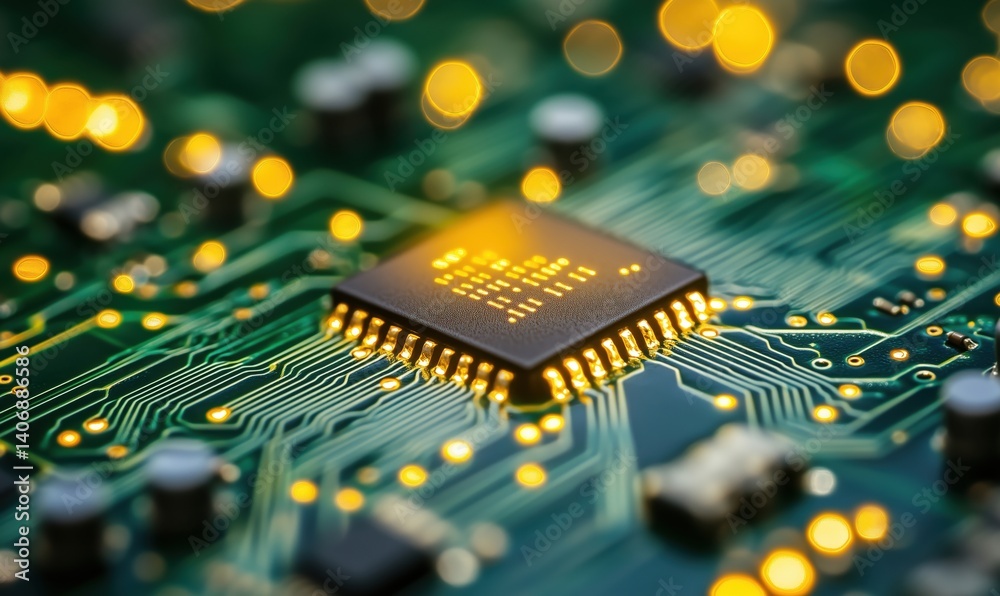 Poster close-up of microchip on circuit board with glowing lights and intricate patterns