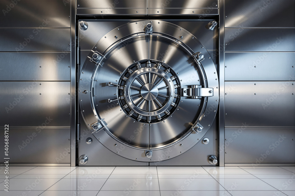 Poster Secure metallic bank vault door with intricate locking mechanism.