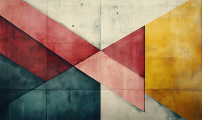 Abstract geometric wall art with red, yellow, and blue shapes creating modern design
