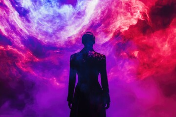 Silhouette of a person standing against a vibrant purple and red background, resembling a nebula or cosmic clouds.