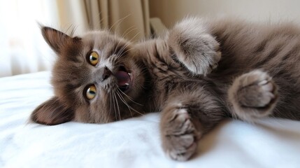 Playful gray kitten lying on a bed