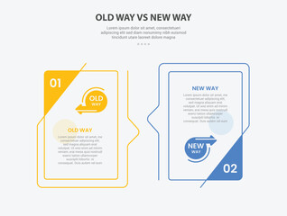 old way vs new way infographic outline style with 2 point comparison template with creative box with bookmark badge on side for slide presentation