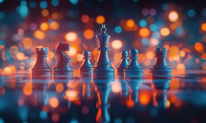 Chess pieces illuminated by colorful bokeh lights creating a vibrant atmosphere