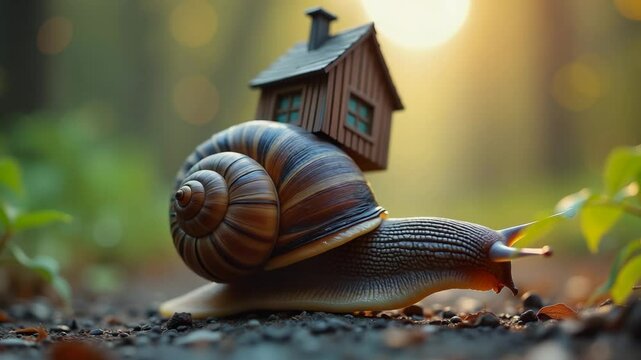 Fanny cartoon snail carrying a miniature wooden house on its shell in forest sunlight. Close up, 4K, motion