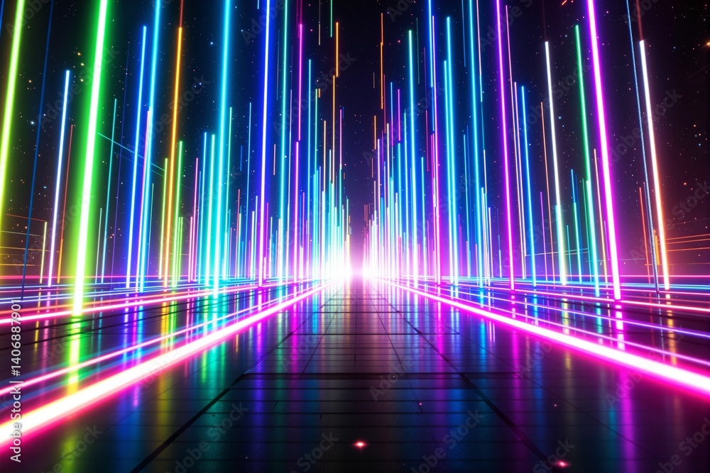 Poster futuristic neon light tunnel with glowing vertical lines.