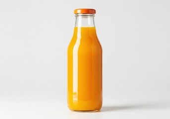 A clear glass bottle filled with orange liquid and an orange cap against a white background