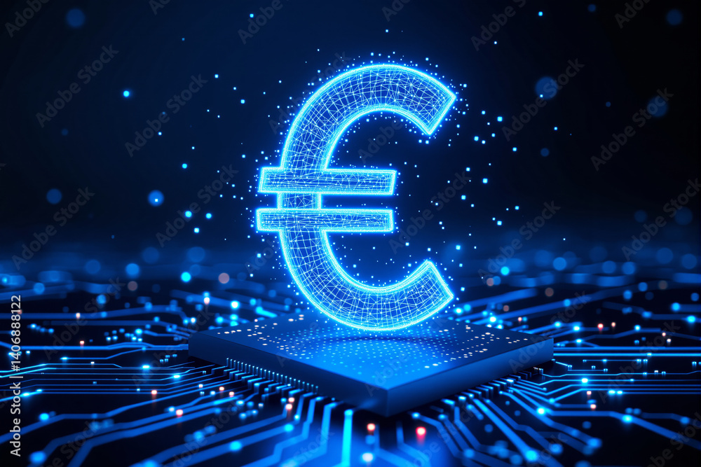 Poster glowing euro symbol on microchip, representing digital currency and financial technology concepts.