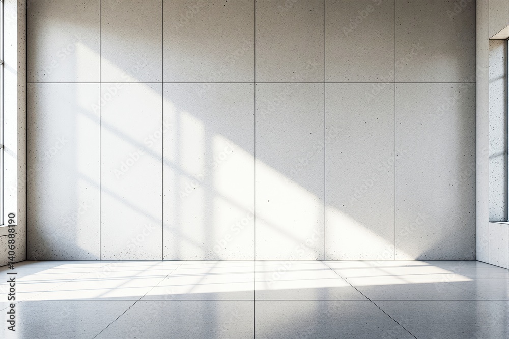 Aufkleber Minimalist empty concrete room with large windows and sunlight casting shadows on the wall.