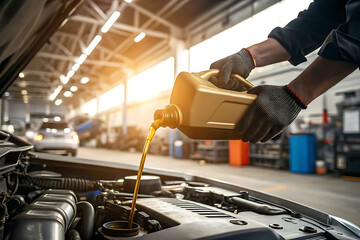 Mechanic pouring oil into a car engine in a workshop