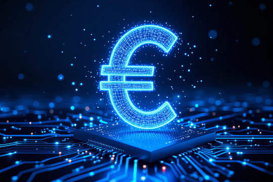 Glowing euro symbol on microchip, representing digital currency and financial technology concepts.