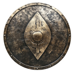 Ancient bronze round shield with cross emblem, weathered metal surface, riveted edge, medieval warrior armor style.