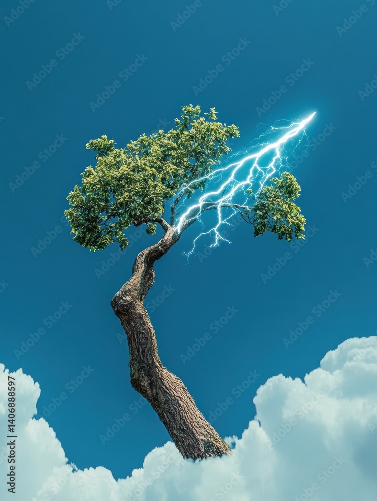 Poster Tree branch shaped like a lightning bolt represents natural power in a vivid sky during the day with clouds surrounding the striking formation