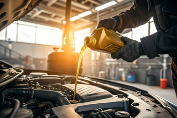 Technician pouring oil into a car engine in a garage.