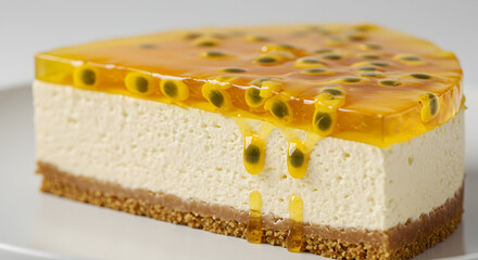 Passion Fruit Cheesecake Slice Ready To Eat On A White Plate