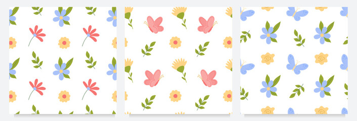Set with seamless floral patterns. Collection of kids cute prints for textile wrapping scrap paper. Simple bright vector illustration