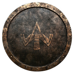 Fototapeta premium Ancient bronze round shield with cross emblem, weathered metal surface, riveted edge, medieval warrior armor style.