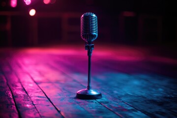 Retro microphone on a stage illuminated by pink and blue lights, ready for a performance.