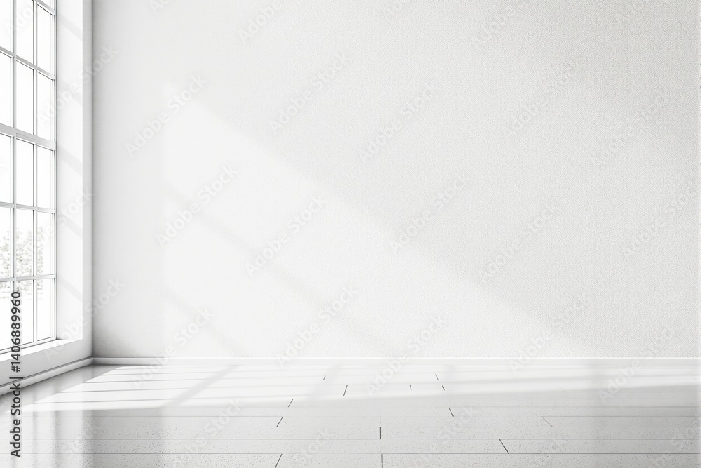 Poster minimalist empty bright room with sunlight casting soft shadows on white walls and floor.