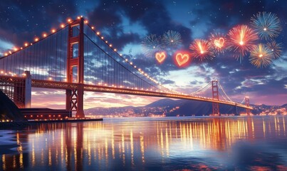 Obraz premium Golden Gate Bridge illuminated at night with fireworks and heart shapes in sky