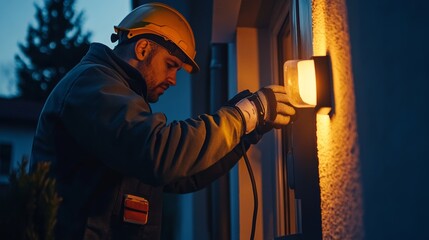 Electrician installing outdoor security lighting. Featuring outdoor lighting setup