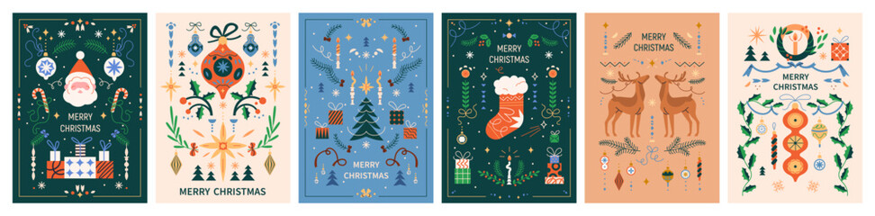 Merry Christmas posters set. Xmas postcard designs, greeting cards with retro ornaments, holiday pattern, festive decoration, gifts, reindeer and santa in nordic style. Flat vector illustrations © Good Studio