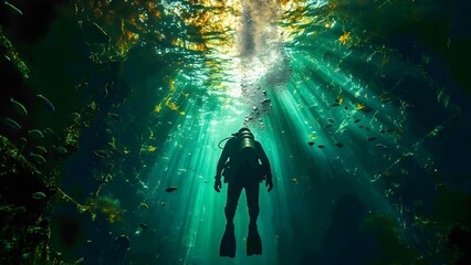 A scuba diver is exploring underwater, illuminated by sunlight filtering through the water, surrounded by fish and aquatic plants. Concept Underwater Exploration, Scuba Diving Adventure