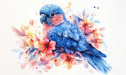 Fototapeta premium Colorful watercolor painting of a blue and pink bird surrounded by vibrant flowers