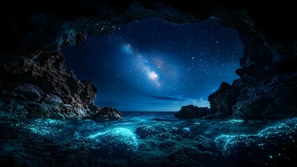 A cave opening reveals a starry night sky reflecting over the ocean, with glowing bioluminescent waves creating a magical scene. Concept Cave Exploration, Starry Night Sky, Bioluminescent Waves