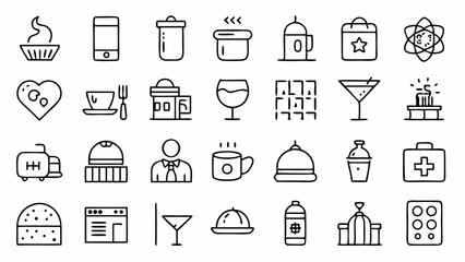 Hospitality themed linear icons including room service travel booking food service and reception concepts great for enhancing guest experience related visual content