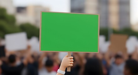 Animated hand holding empty green screen sign in a blurred protesting crowd