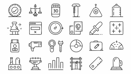 Consistent measurement equipment icon collection for interface and print usage covering tools used in engineering science and daily professional measurements