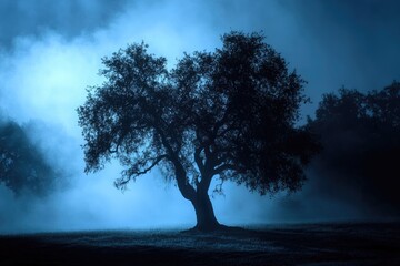 Obraz premium Silhouetted tree stands alone in a misty, dark blue landscape under a mysterious night sky.