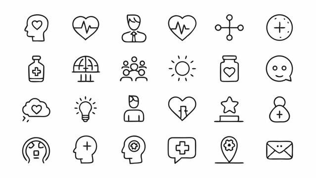 Professional outline icons on mental health themes such as emotions therapy and self care useful for blogs support groups health apps and psychology content