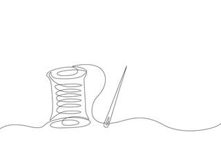 Continuous one line drawing of sewing needle and thread spool, minimalist hand-drawn style illustration for tailoring, fashion or handmade craft design. Vector illustration, Editable stroke