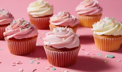 cupcakes with pink and white icing, sprinkles scattered around them, Generative AI