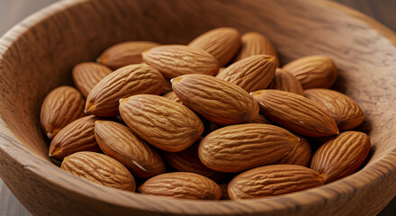 Fototapeta premium Pile of Almonds in Wooden Bowl Close Up Macro Still Life Shot