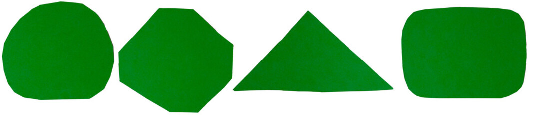 Isolated collection of green matte paper figures on white background